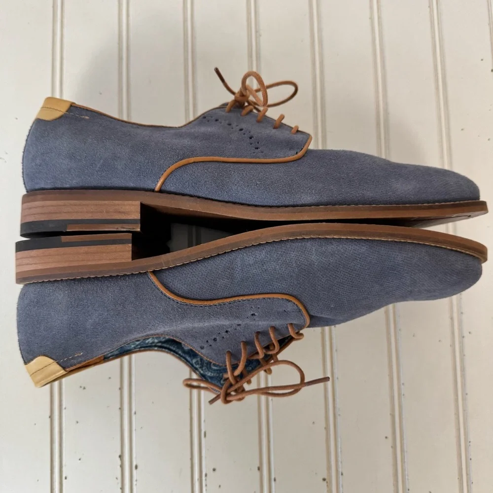 Men's Blue Suede Lace-Up Dress Shoes with Tan Accents